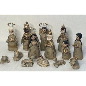Vtg 13 piece Nativity Set Spanish Terracotta Pottery Gold Hand Painted Christmas